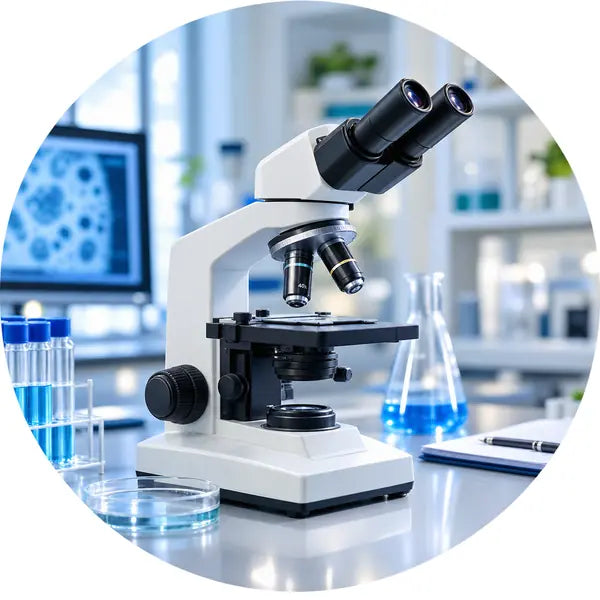 Laboratory microscope on a bench with sample slides and glassware